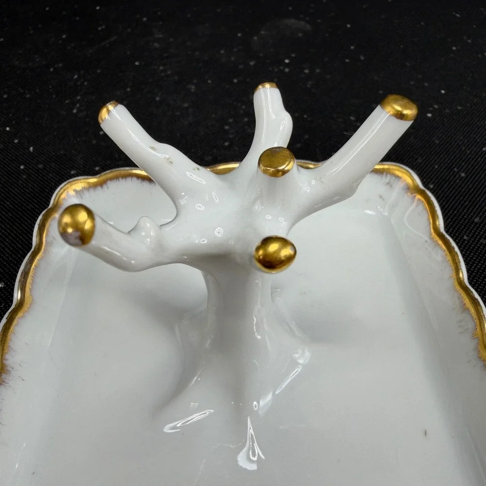 Limoges France Chamart Exclusive Porcelain Ring Holder Tree Gold Gilt White Tray
